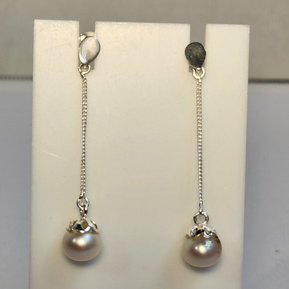 VTG 925 Honora/Tiffany's Style Dangle Drop Pearl Signed Ornate 2" Stud Earrings - Picture 5 of 15